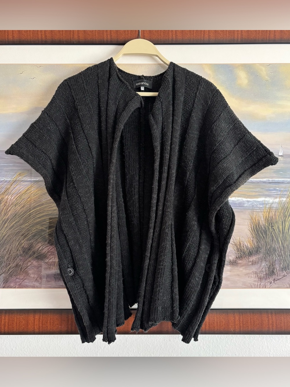 Eskandar Linen Cotton Knit Ribbed Cropped Style Open Cardigan Black One Size OS